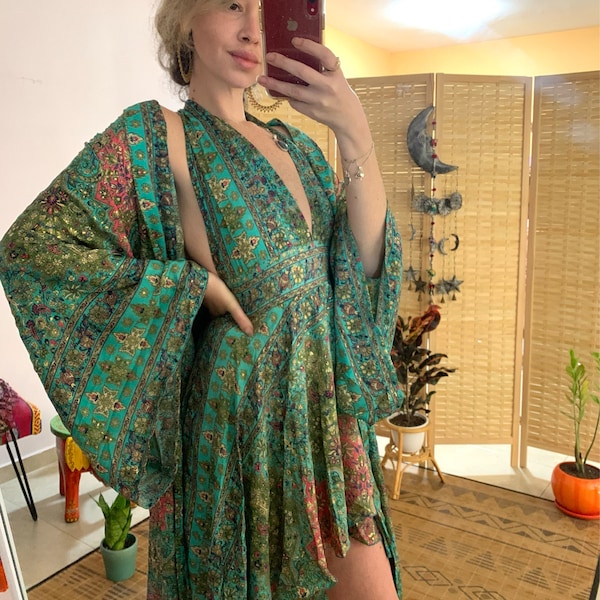 Luxury bohemian matching outfit | open back dress and bell sleeve kimono set | royal silky outfit | Hippie Boho 2 piece Dress Outfit | rave