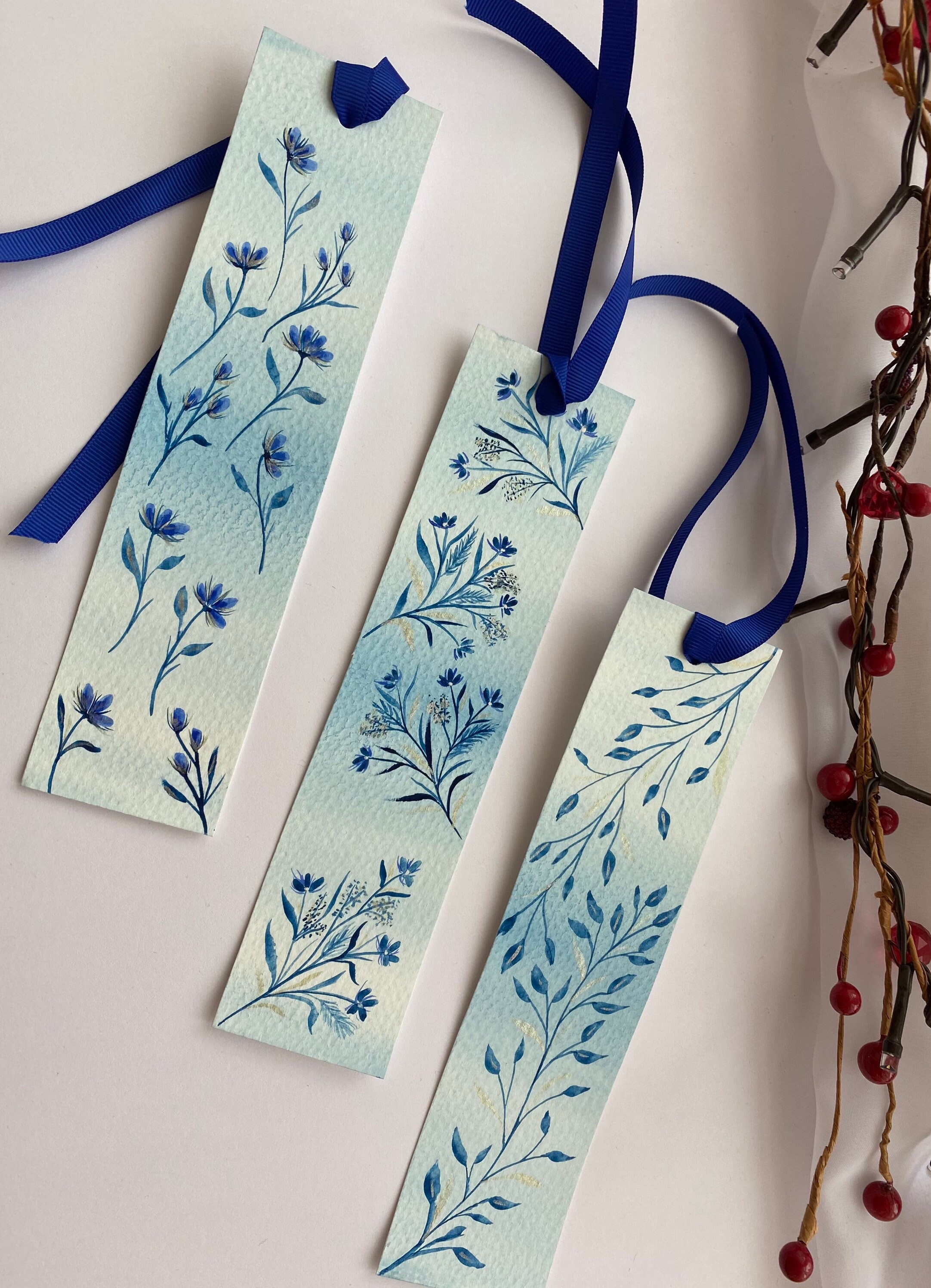 Hand painted bookmarks blue floral bookmarks book lover Etsy