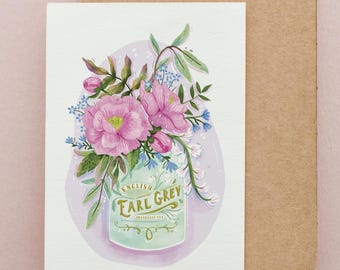 Tarjeta de felicitación con té Earl Grey: diseño floral de peonías