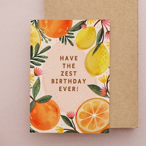 ¡Pasa el mejor cumpleaños de todos los tiempos! - Tarjeta de cumpleaños botánica ilustrada de 5 x 7 con frutas tropicales, naranjas y limones, cítricos