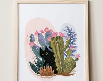 Whimsical Black Cat Print - Adorable Cactus Cat with Floral Art -  Perfect Gift for Pet Lovers and Cat Owners - Cute Cat Art