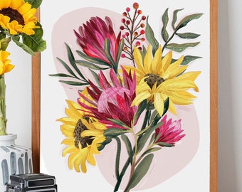 Protea Flower and Sunflowers Illustrated Bouqet / Botanical Floral artwork / Unique gift for plant lovers / A5 , A4 and A3 Art Print