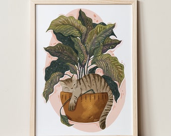 Tabby Cat In a Peace Lilly Pot / Cat Illustration / Art print / For cat lovers / gift  for friend / for mum / for the home / botanical art