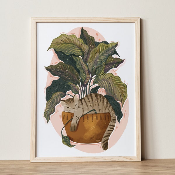 Chat tigré dans un pot de paix Lilly / Illustration de chat / Impression d'art / Pour les amoureux des chats / cadeau pour un ami / pour maman / pour la maison / art botanique