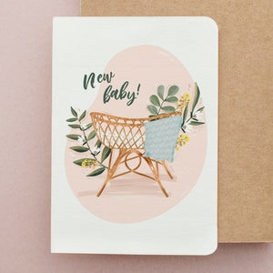 Cartão de bebê novo / Cesta de vime Moisés / Cartão floral ilustrado A6 / GÊNERO NEUTRO / Cartão de bebê Boho / Interior em branco / Novos pais / Bebê fofo