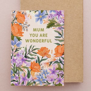 Floral illustrierte Grußkarte zum Geburtstag / Muttertag / "Grußkarte Grußkarte ""Mum you are wonderful"" / Geburtstag / Geschenk für Sie."