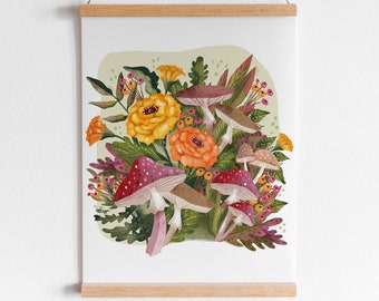 Mushrooms & Marigolds - Mushrooms Art Print / Botanical Illustration / Autumn Art / Thanksgiving art