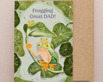 Carte de fête des pères - Thème grenouille - Carte de voeux de 5 x 7 po. - Deux titres disponibles - Cadeaux pour papa - Amoureux de la nature - Amoureux des plantes - Grenouilles mignonnes