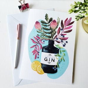GIN CARD / Carte Gin Tonic / Floral illustré / Carte d'art 5 x 7 / Carte d'anniversaire / Célébration / Carte intérieure vierge / - Par Anna Cheng