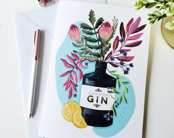 GIN CARD / Gin and Tonic Card / Floral Illustrated / art card A5 / Birthday Card / Celebration/ Blank inside Card/  -  By Anna Cheng
