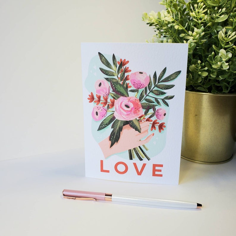 Valentines Day / anniversary / LOVE greetings card , FLORAL bouquet illustration /gift for her/ romantic card / roses / a6 card image 4