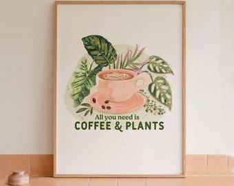 Lámina artística de café y plantas: decoración botánica para la cocina, regalo para amantes de las plantas.