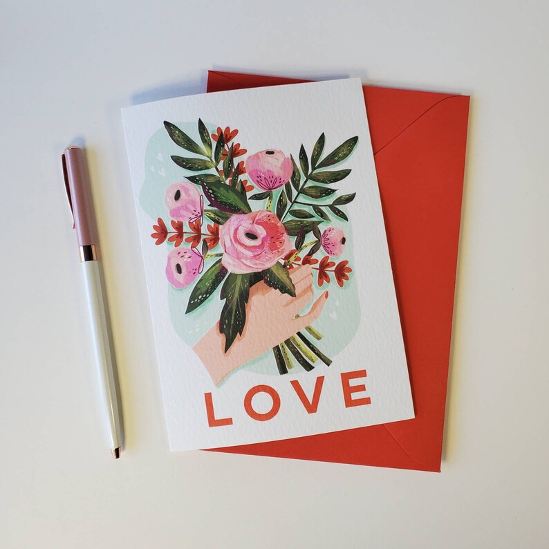 Valentines Day / anniversary / LOVE greetings card , FLORAL bouquet illustration /gift for her/ romantic card / roses / a6 card image 3