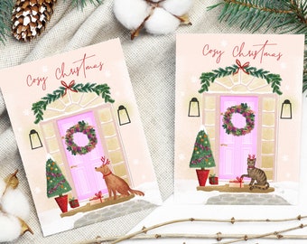 Dog and Cat Christmas card / "CosyChristmas" Front Door / Porch animal illustrated greetings card for pet lovers / for friends