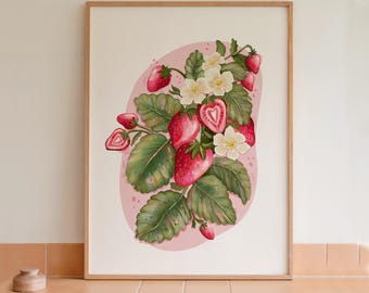 Lámina artística botánica de fresas: Decoración de cocina con frutas rosas (tamaños A5/A4/A3)