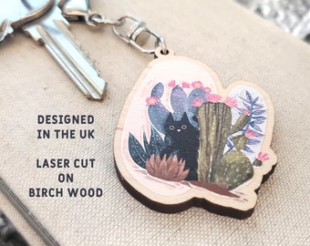 Cute Wooden CAT KEYCHAIN / Keyring for your keys / Black Cat gifts / for pet lovers / gift for friend