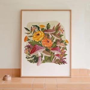 Stampa artistica di funghi e calendule / Illustrazione botanica / Arte autunnale / Stampa artistica del Ringraziamento per l'autunno e per gli amanti dei funghi.