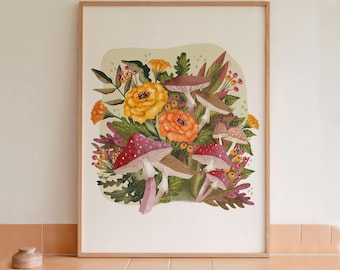 Lámina artística de hongos y caléndula: Otoño botánico - Ilustración de otoño
