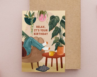 Tarjeta de cumpleaños botánica para él: Ilustración relajante (5x7)