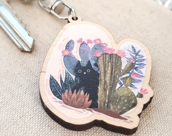Llavero de gato negro: llavero botánico de madera de abedul para amantes de los gatos.