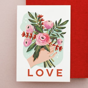 Valentines Day / anniversary / LOVE greetings card , FLORAL bouquet illustration /gift for her/ romantic card / roses / a6 card image 1