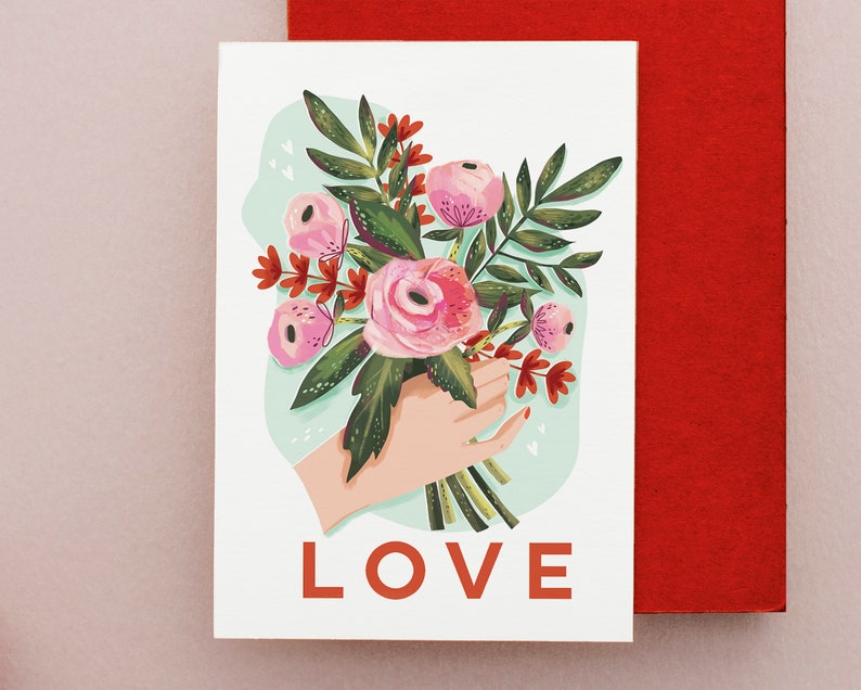 Valentines Day / anniversary / LOVE greetings card , FLORAL bouquet illustration /gift for her/ romantic card / roses / a6 card image 1