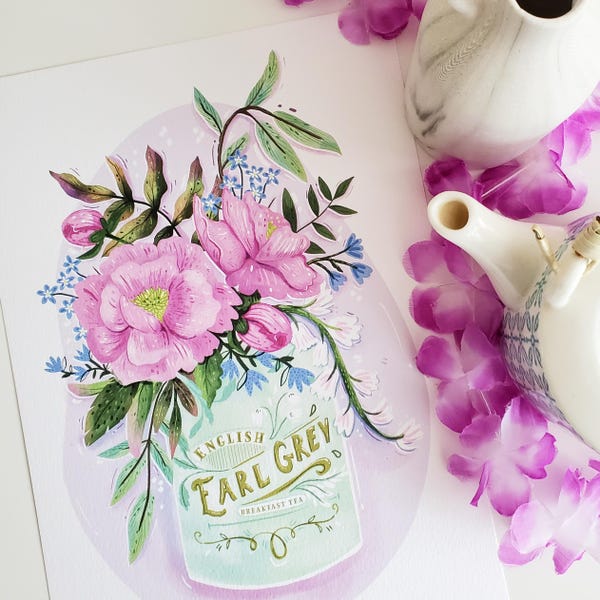 Earl Grey Tea & Peonies Art Print: Floral Illustration