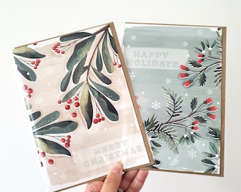 Holly Christmas Cards/ Illustrated Set of 2 Christmas  Cards/Merry Christmas / Happy Holidays / Floral Christmas Card / By Anna Cheng