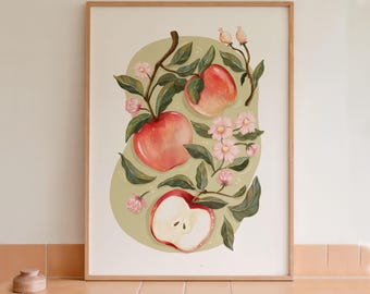 Lámina botánica de manzana: Ilustración de flor rosa, decoración de cocina estilo cottagecore