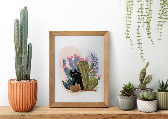Cactus Cat Art Print: Whimsical Black Cat Floral Illustration - Etsy