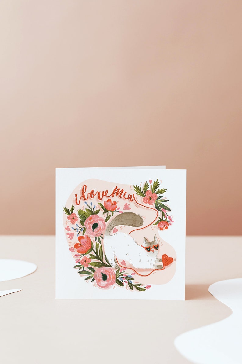 Love You Card / Cat lovers / Floral / I love Mew / Valentines / Anniversary / Card for her / Card for him image 3