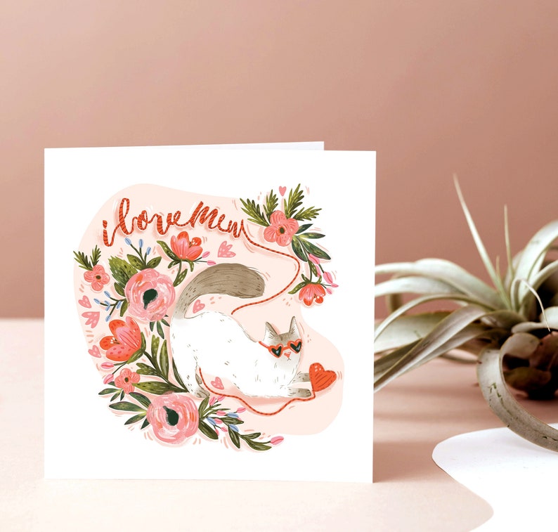 Love You Card / Cat lovers / Floral / I love Mew / Valentines / Anniversary / Card for her / Card for him image 1