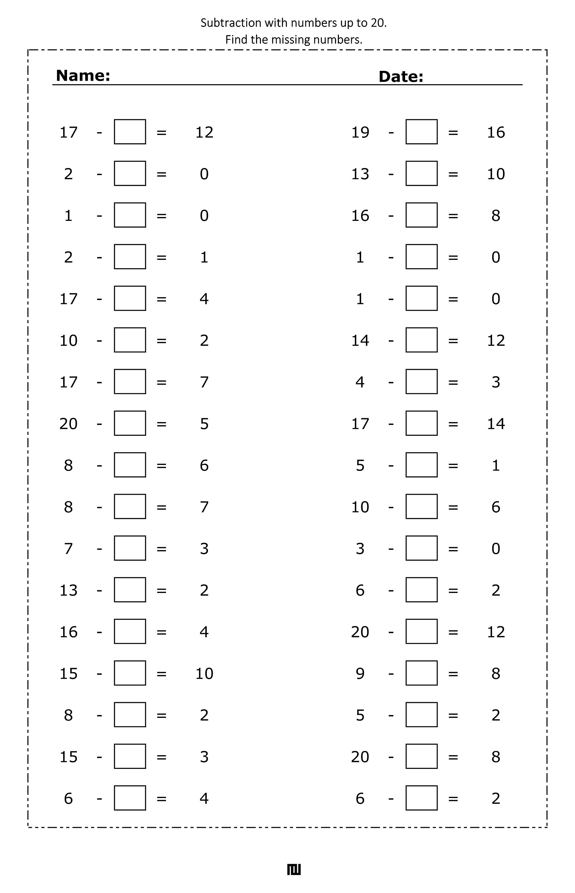 Subtraction With Numbers up to 20. Find the Missing Numbers. Mental ...