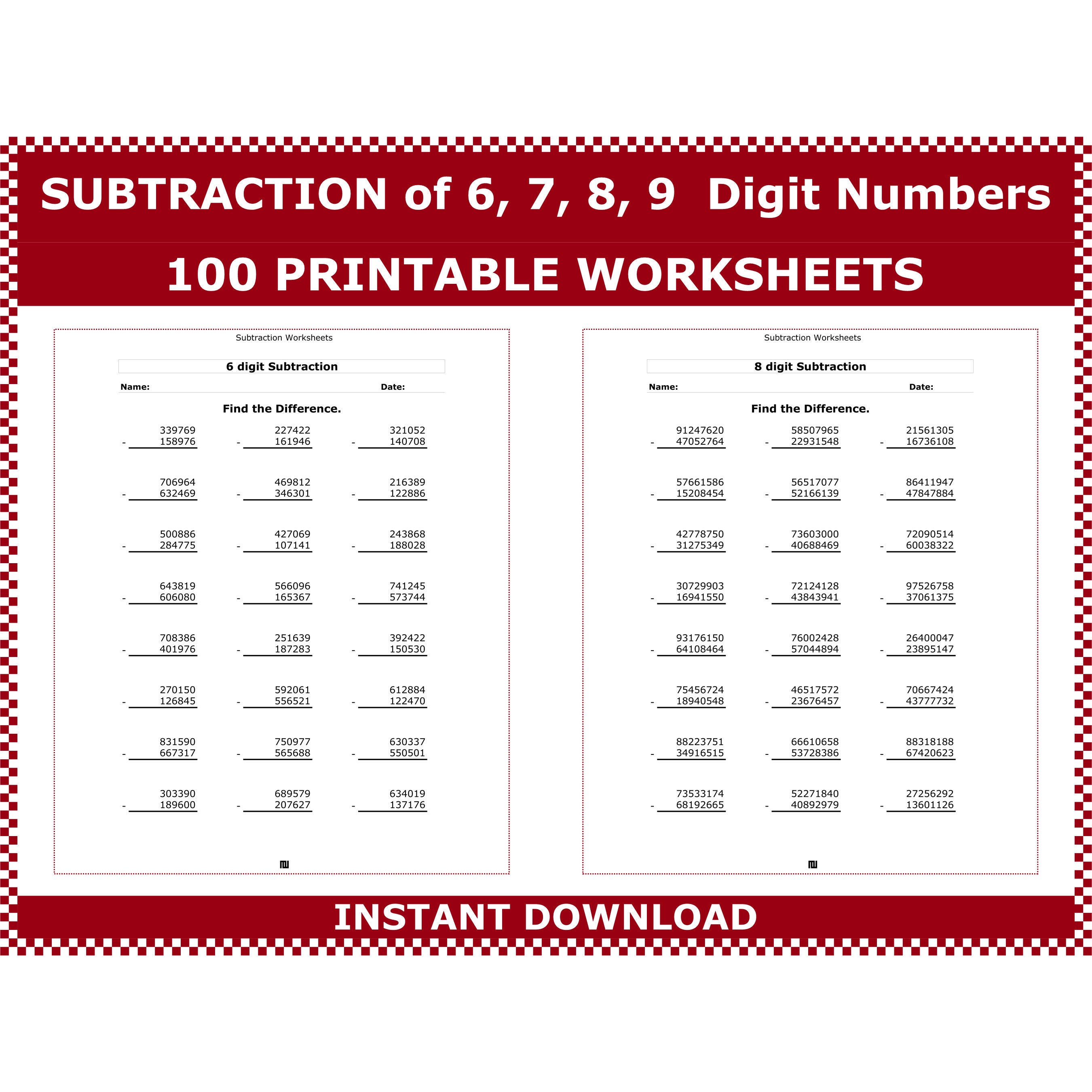 Multi Digit Subtraction Worksheets. Subtraction With 6, 7, 8 and 9 ...