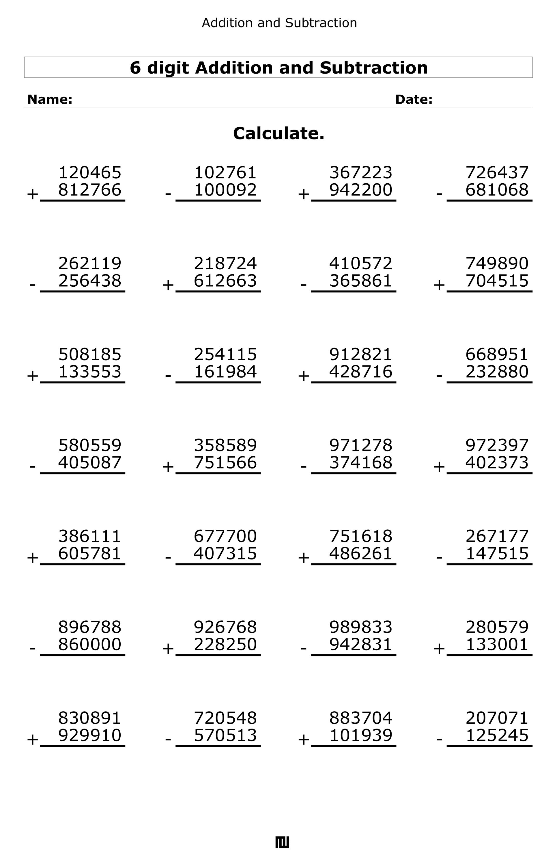 Addition & Subtraction Worksheets: 6-9 Digit Problems (digital Download ...