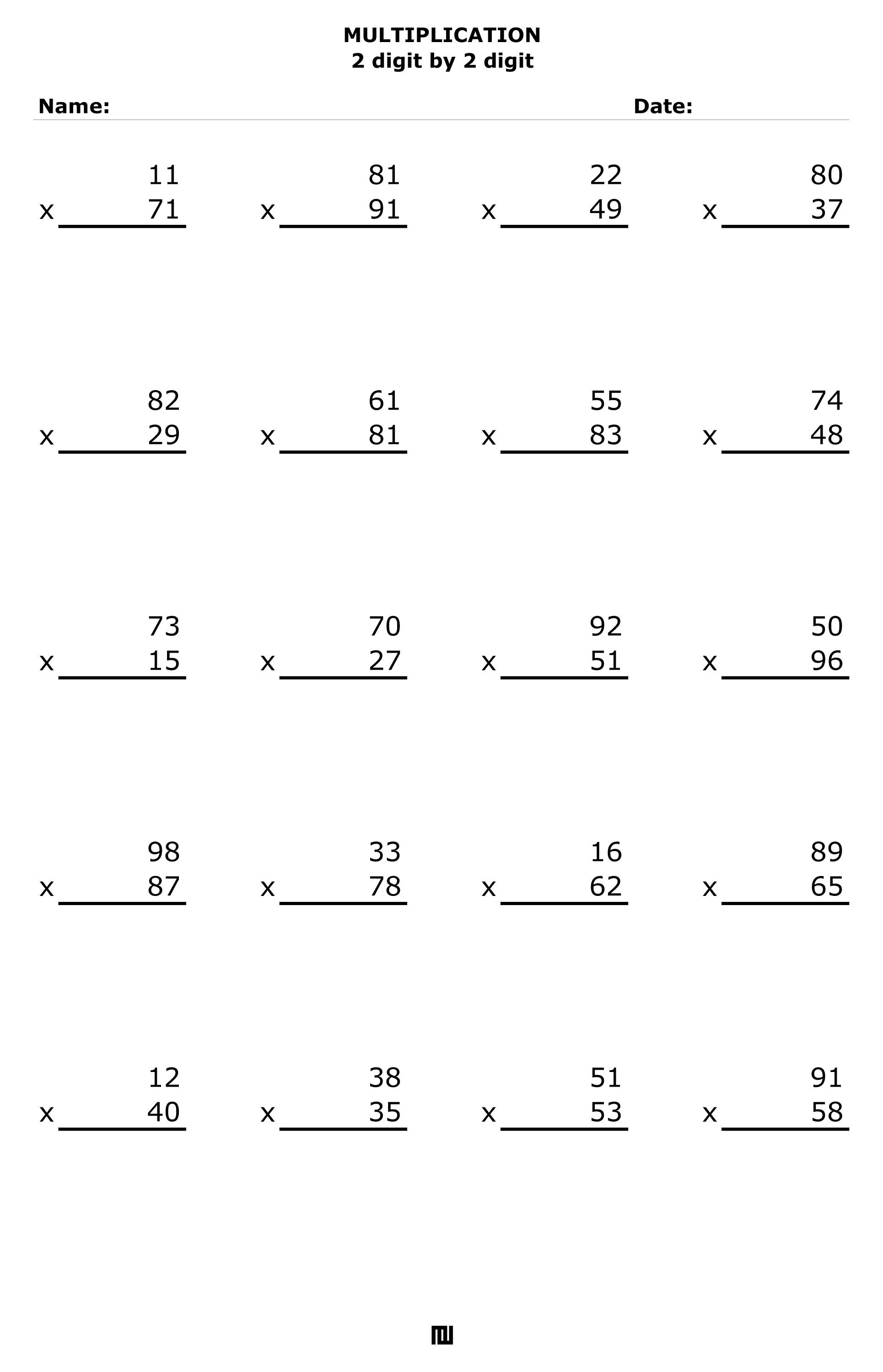 Multiplication 2 Digit By 2 Digit Numbers Double Digit Multiplication