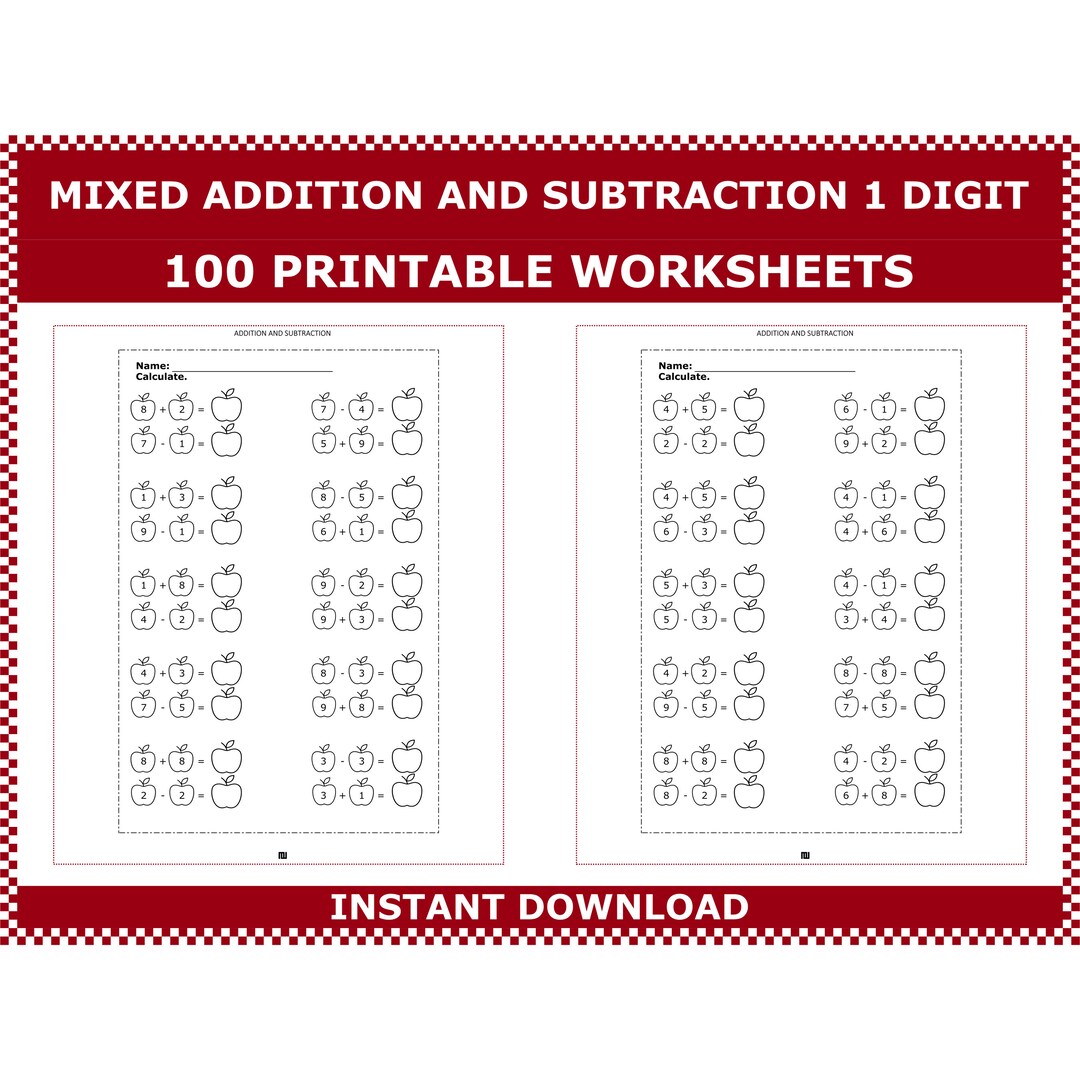 1 Digit Plus 1 Digit Addition. 1 Digit Minus 1 Digit Subtraction. Mixed ...