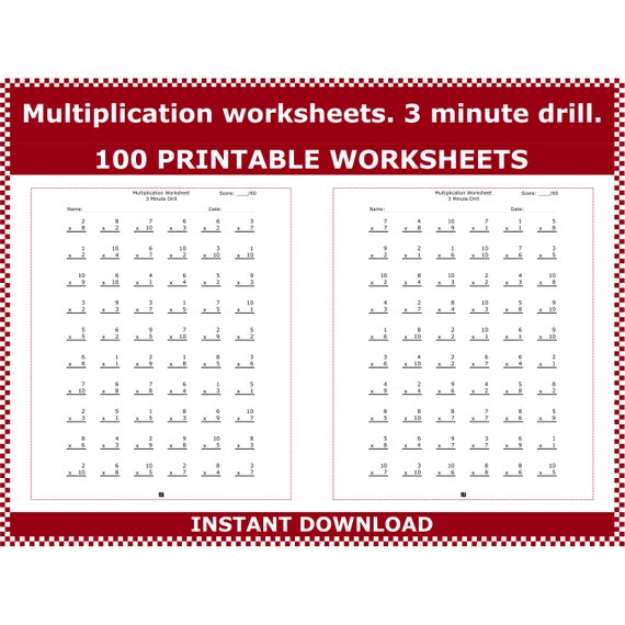 Multiplication worksheets: 3rd-4th grade math drills (pdf) - etsy