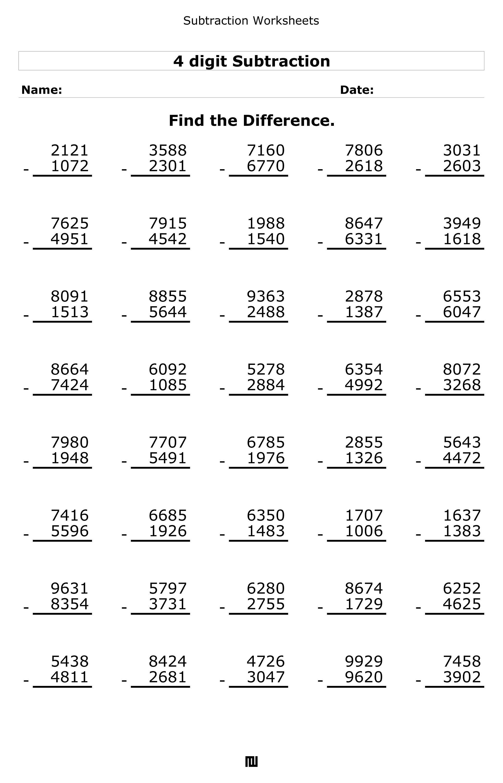 4 Digit Subtraction Worksheets 4 Digit Minus 4 Digit Subtraction