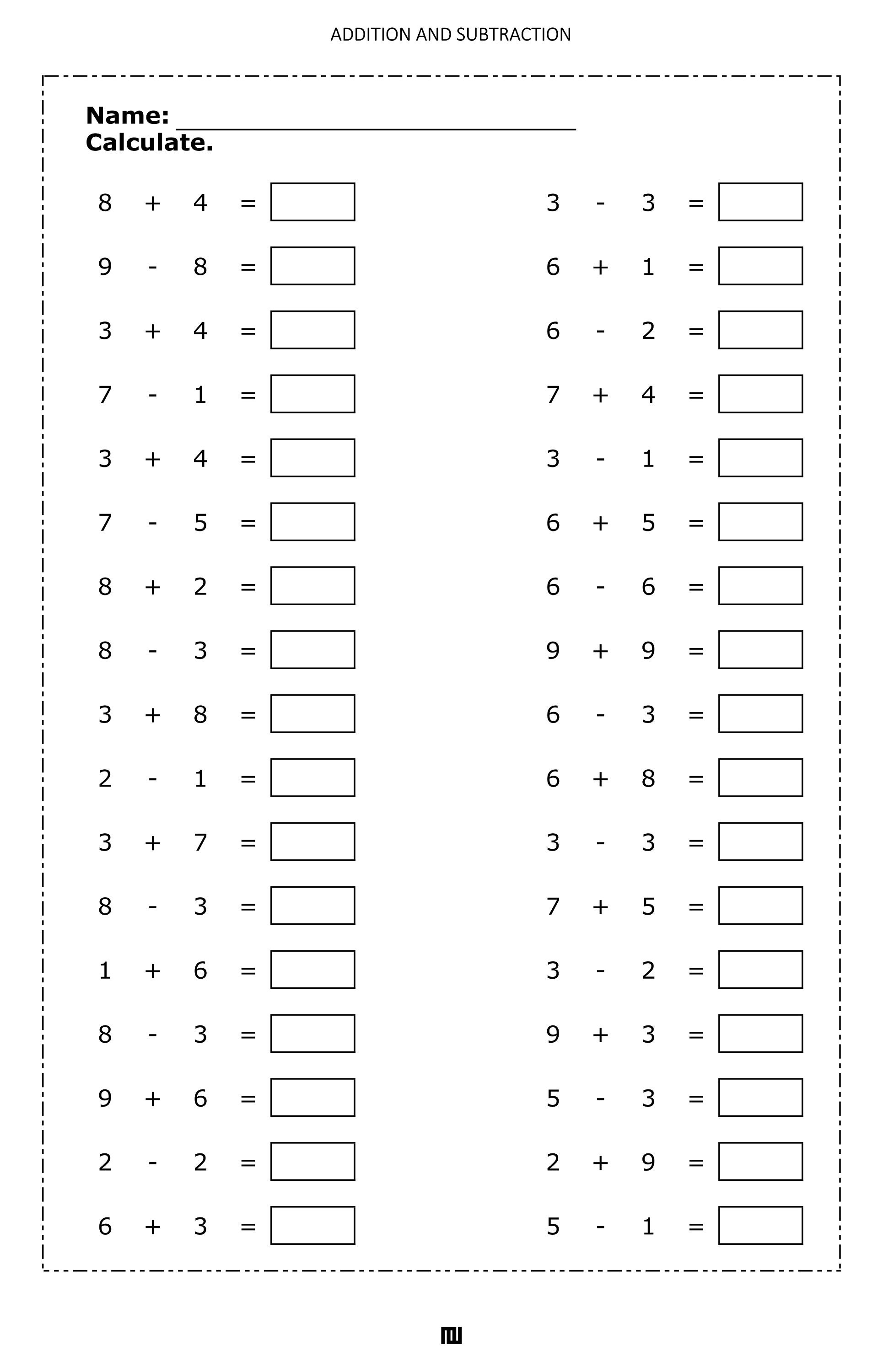 1 digit plus 1 digit addition 1 digit minus 1 digit subtraction