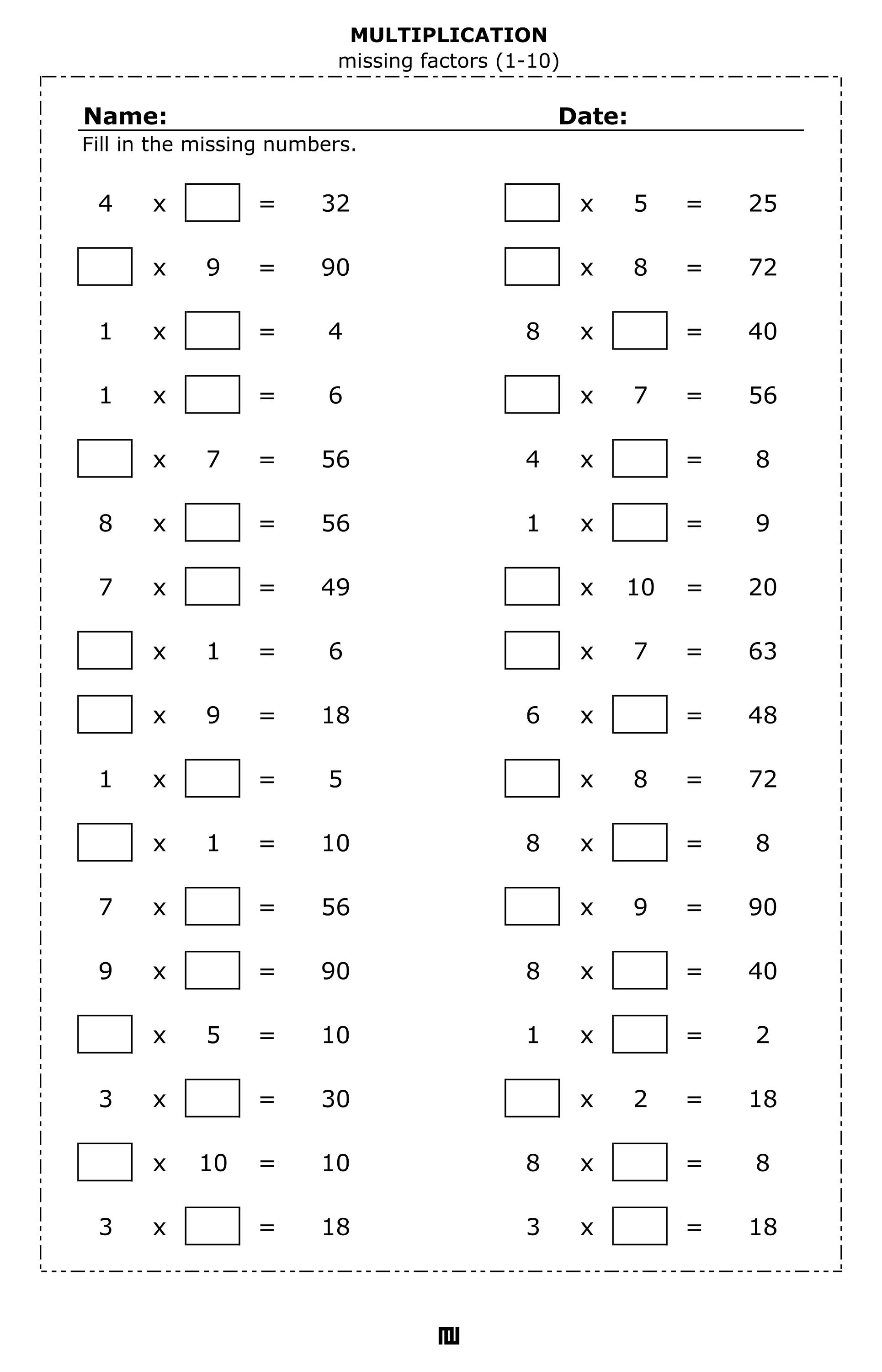 Multiplication Missing Factors 1-10 Worksheets (PDF) - Etsy