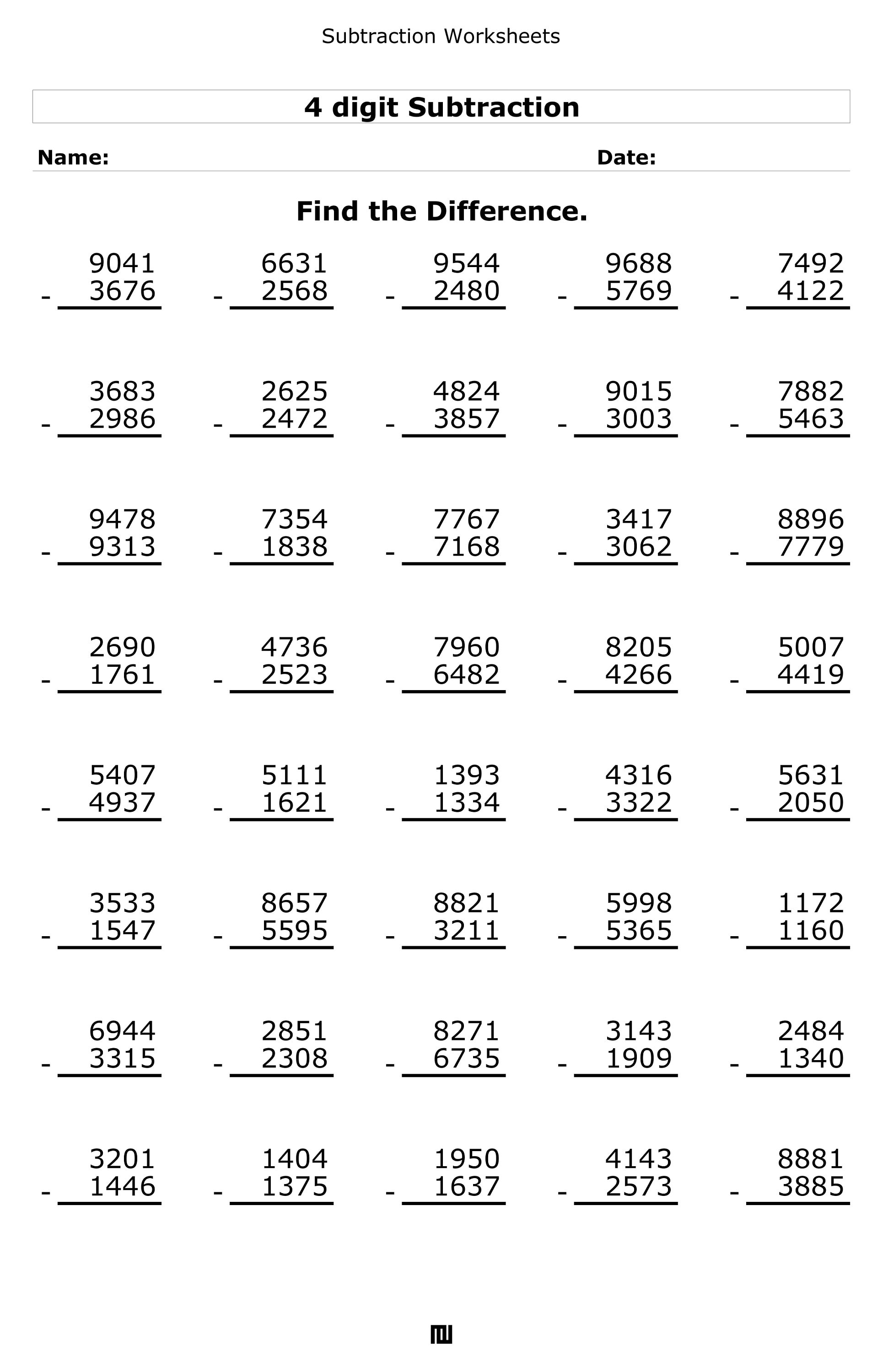 4 Digit Subtraction Worksheets. 4 Digit Minus 4 Digit Subtraction ...