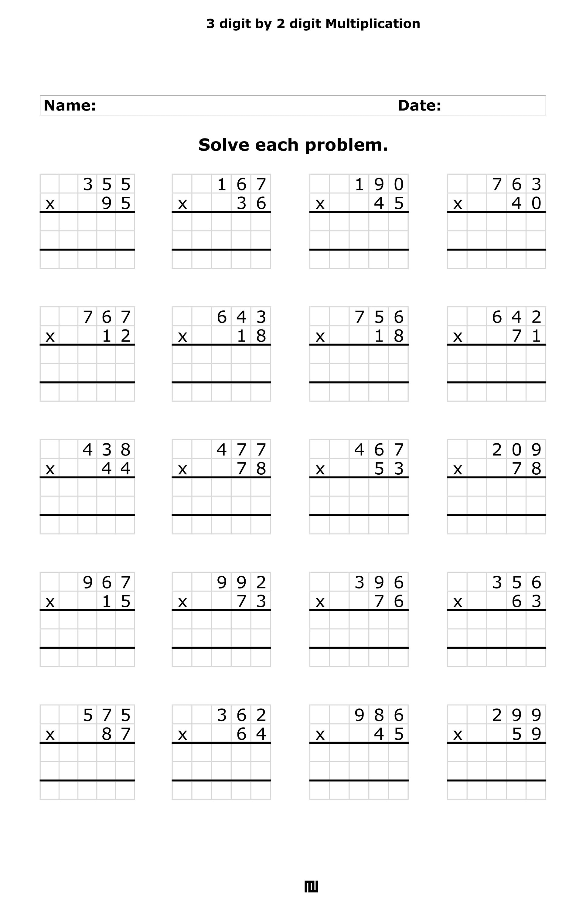 Multiplying 3 Digit by 2 Digit Numbers for Daily Practice. 3 Digit by 2