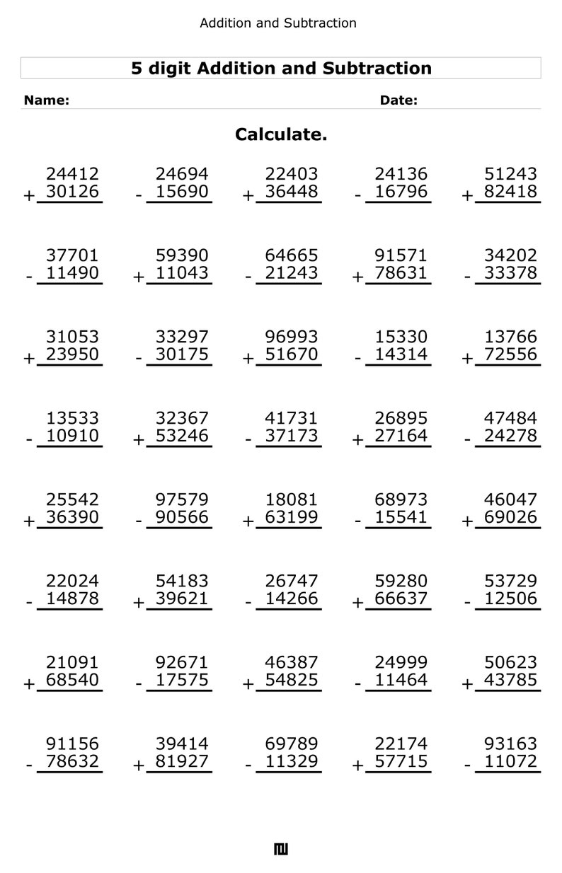 5digit Plus/minus 5digit Addition and Subtraction With Some Regrouping. 5 Digit Addition and