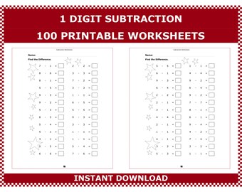50 Single Digit Subtraction Worksheets - Etsy