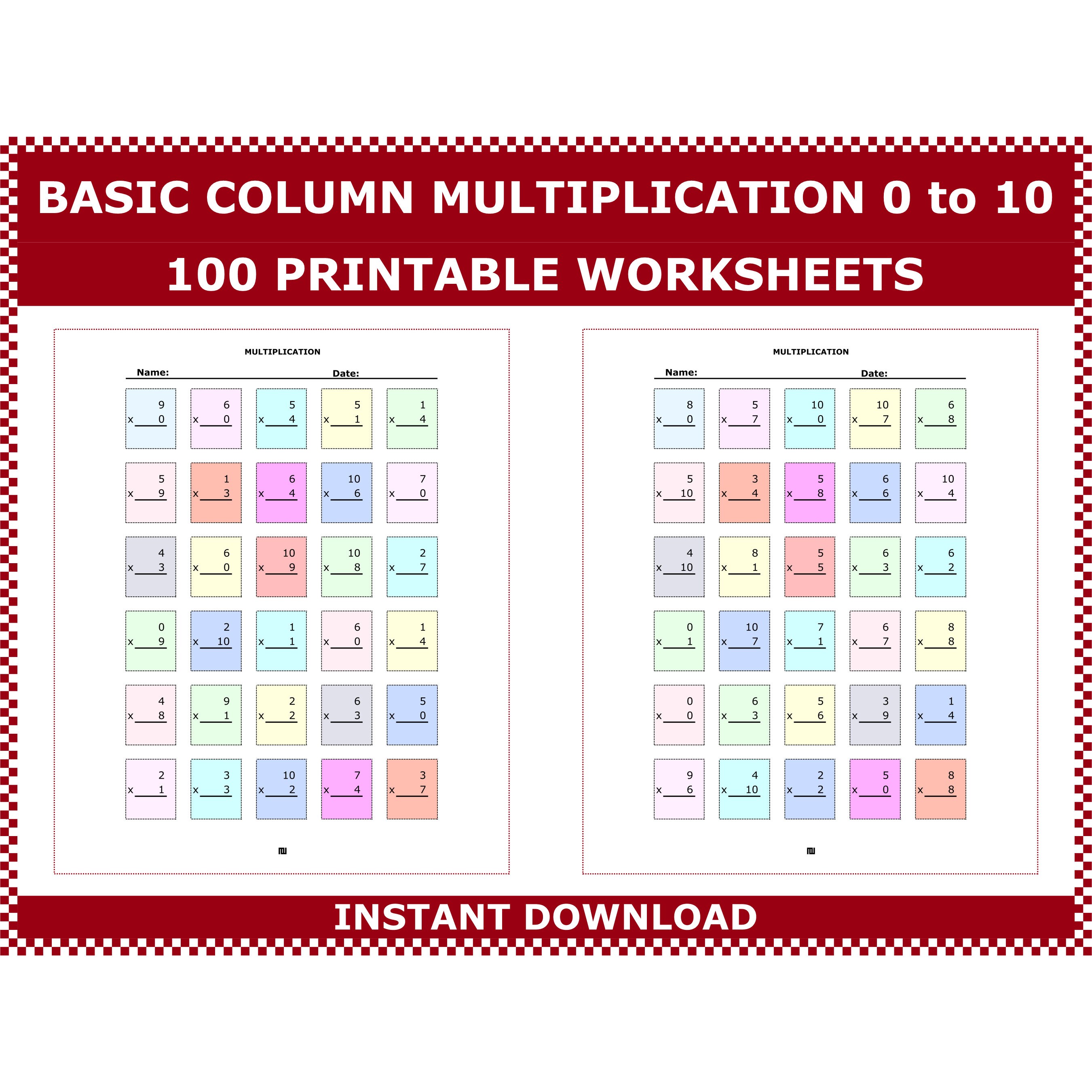 Column mixed multiplication facts 0 - 10 worksheets. Math drills 2nd grade. Practice multiplication worksheets 0 - 10 by ACMinimalist