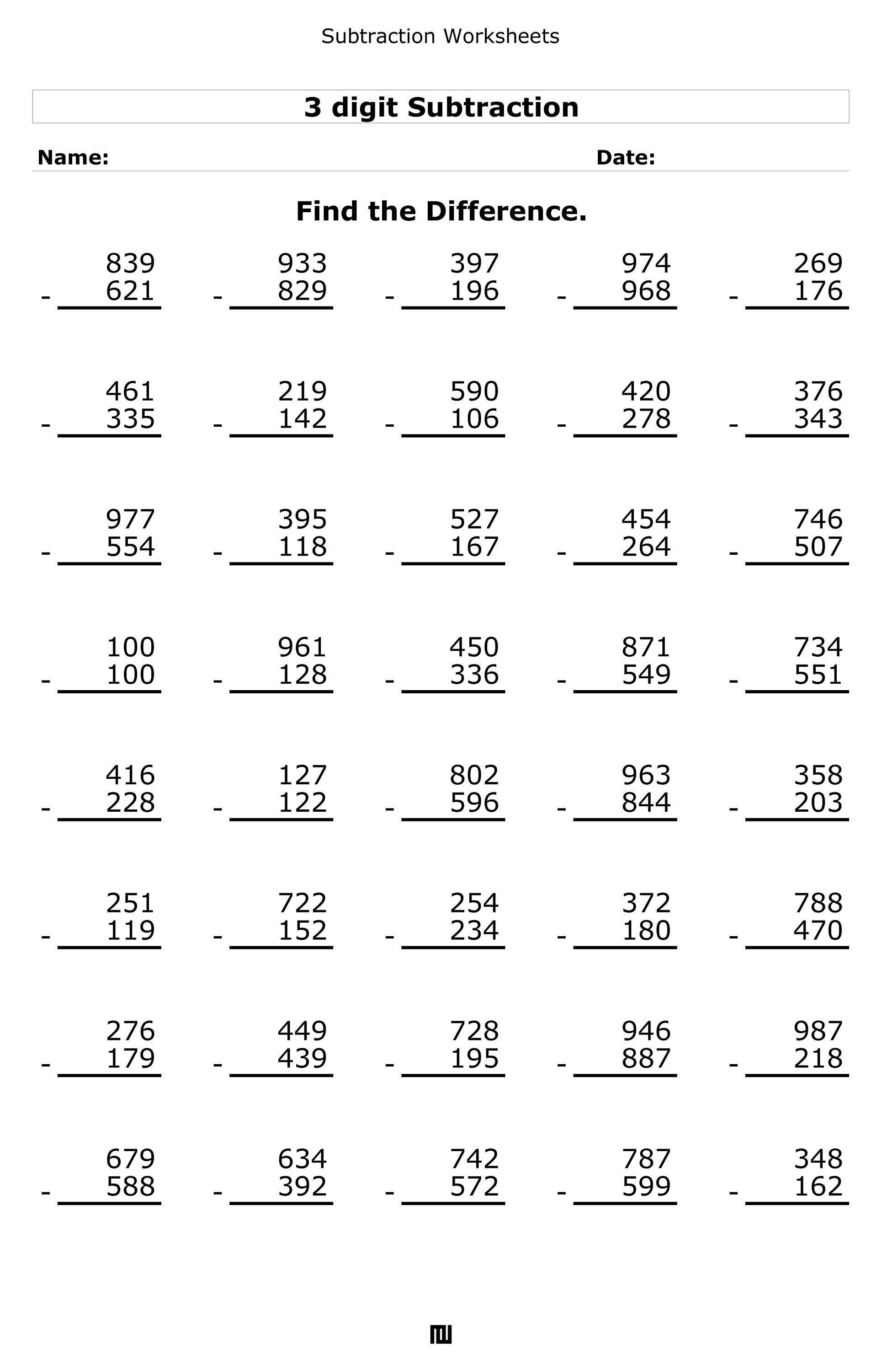 Subtraction Worksheets For 3rd Grade