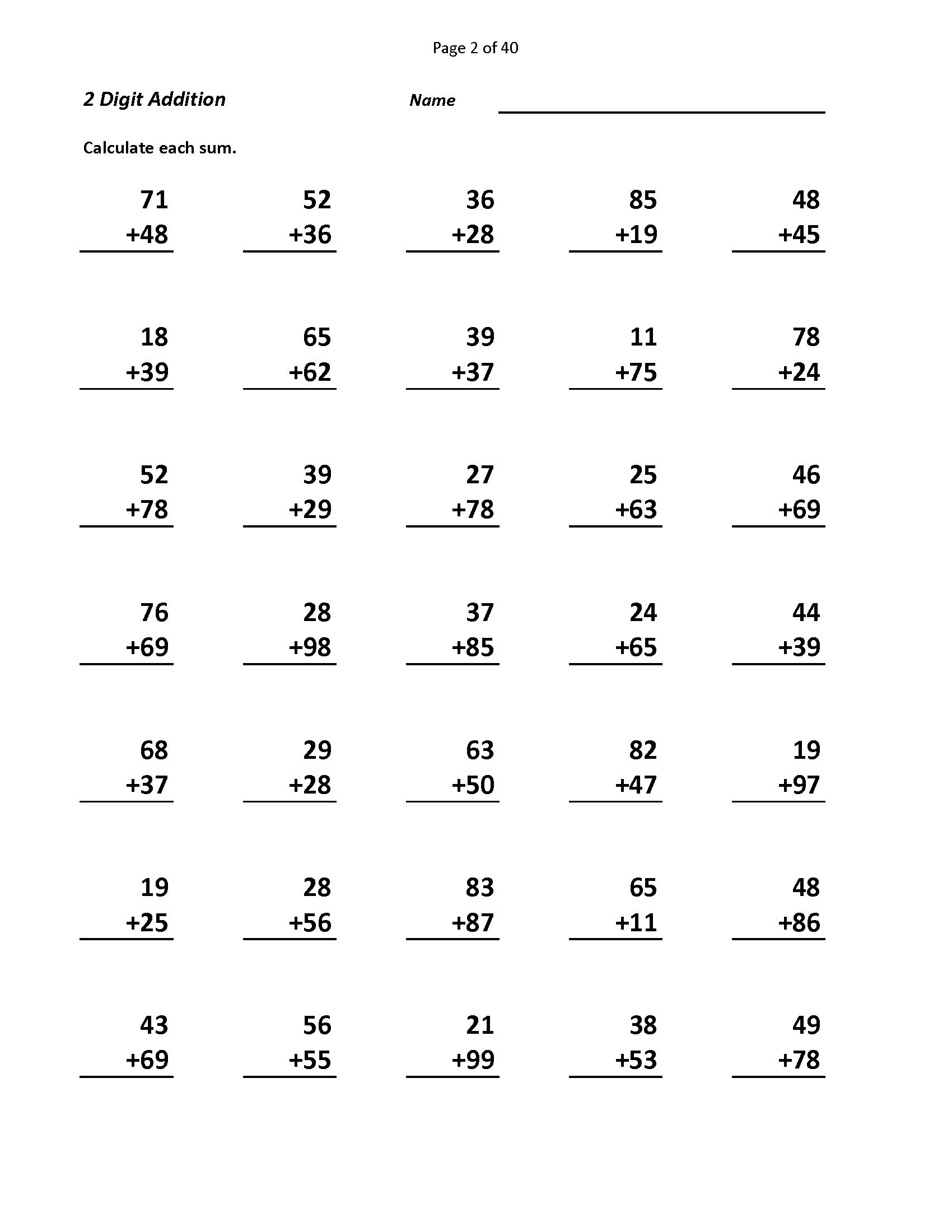 addition worksheets 2 digit addition 3 digit addition 4 etsy