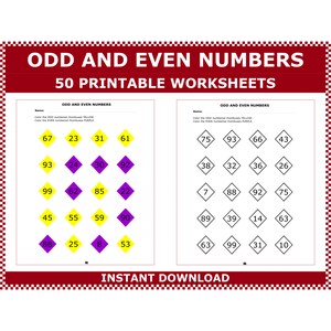 Odd and even numbers worksheets. Math digital worksheets. Recognising odd and even numbers mathematics worksheets for kids by ACMinimalist
