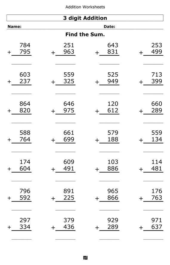 Addition worksheets for grade 3
